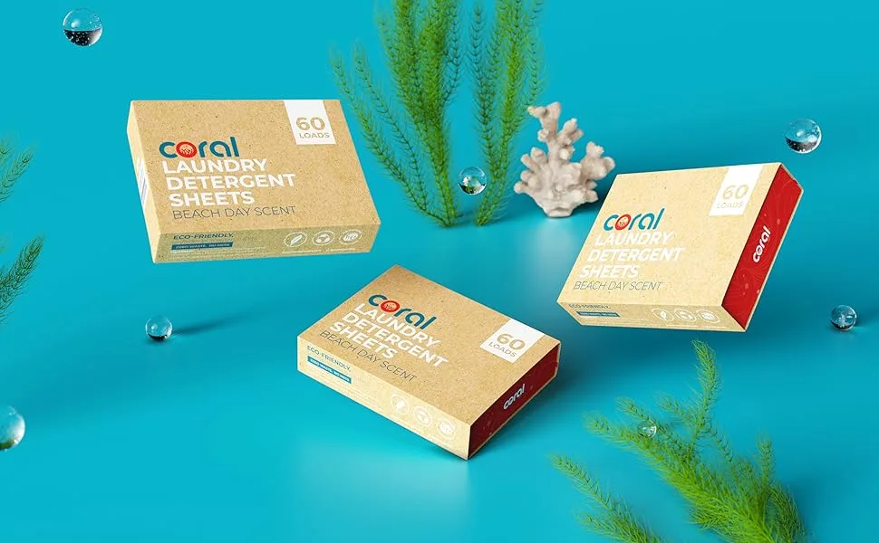 Eco-Friendly Laundry Detergent Sheets (60 Loads) Beach Day Scent | Coral Laundry | Plastic-free alternative to your liquid detergent or pods | Hypoallergenic | Biodegradable & Zero Waste - Laundry Detergent Strips, Laundry Detergent Sheet, Coral laundry