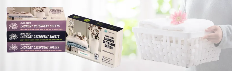 Plant-based Laundry Detergent Sheets 100% Plastic-Free Biodegradable Powerful Cleaning Effect - Box of 60 Sheets - Fresh Linen - ECOFRIENDS Plant-based Laundry Detergent Sheets, laundry room organization, household supplies, soap