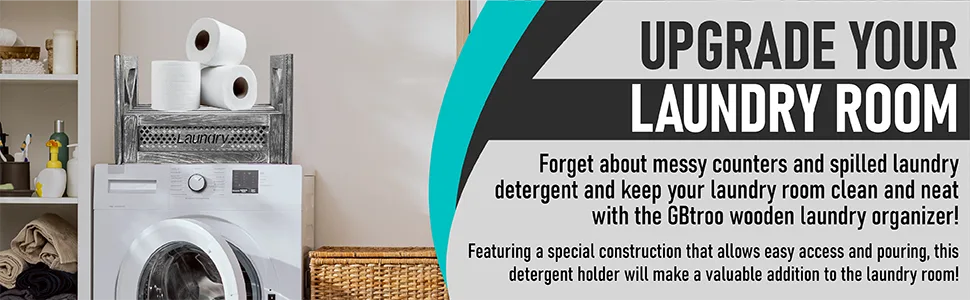 Rustic Grey Wooden Laundry Detergent Holder - Space-Saving Farmhouse Organizer with Easy-Clean Drip Tray Perfect for Modern Home Decor - Upgrade Your Laundry Room