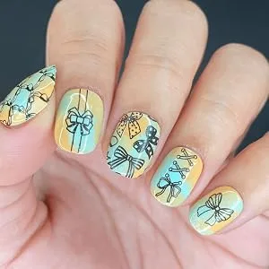 Maniology Bows & Ribbons Nail Stamping Plate Ties Knots Designs DIY Manicure - nails colored in gradient orange and light blue with bows and ribbons designs