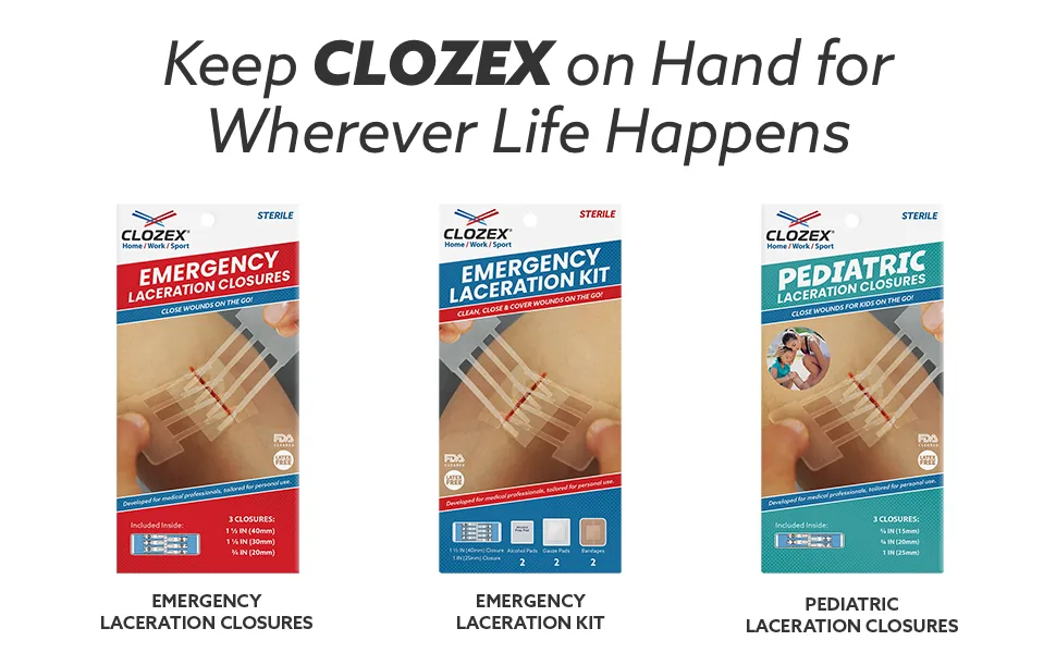 Clozex Wound Closure Device - Repair 3 Individual 3 3/8" Lacerations Without Stitches FDA Cleared 3 Closures- 3/4" 1 1/8" 1 1/2" - Keep on Hand