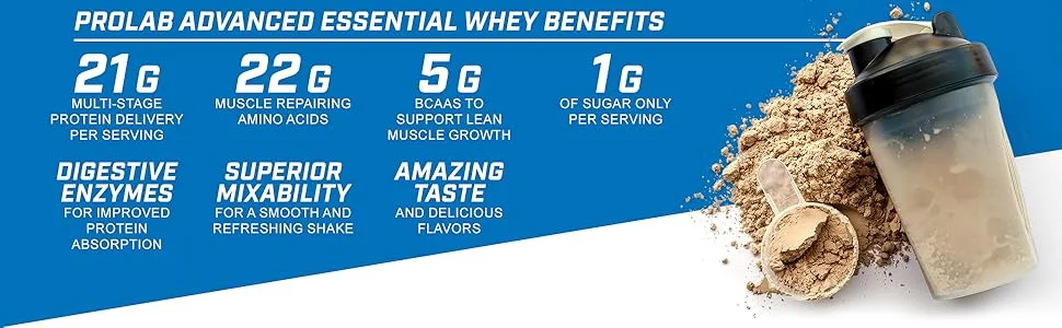 Prolab Advanced Essential Whey-Blend of Premium Whey Concentrate and Ultra Pure Whey Isolate Protein - BCAAs & Natural Enzymes (Chocolate Mousse 5 LB) Chocolate Mousse 5 Pound - Prolab Advanced Essential Whey Benefits