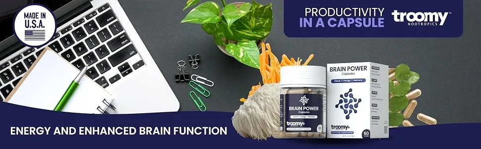 Troomy Brain Power - Focus and Memory Supplement for Brain | Citicoline Lion's Mane Cordyceps | Enhance Brain Function and Memory | - 60 Capsules - Troomy Brain Power