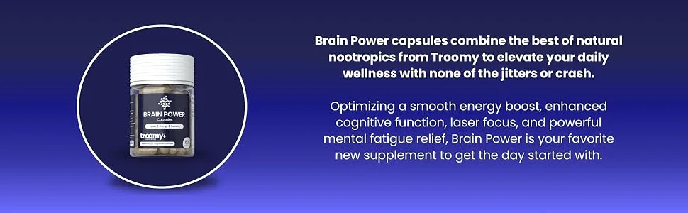 Troomy Brain Power - Focus and Memory Supplement for Brain | Citicoline Lion's Mane Cordyceps | Enhance Brain Function and Memory | - 60 Capsules - Troomy Brain Power