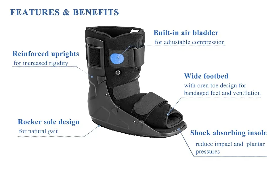 Walking Boot Short Air Walker Fracture Boot Support for Broken Foot Sprained Ankle Fracture Recovery fits Left or Right Foot Black Medium - Walking Boot