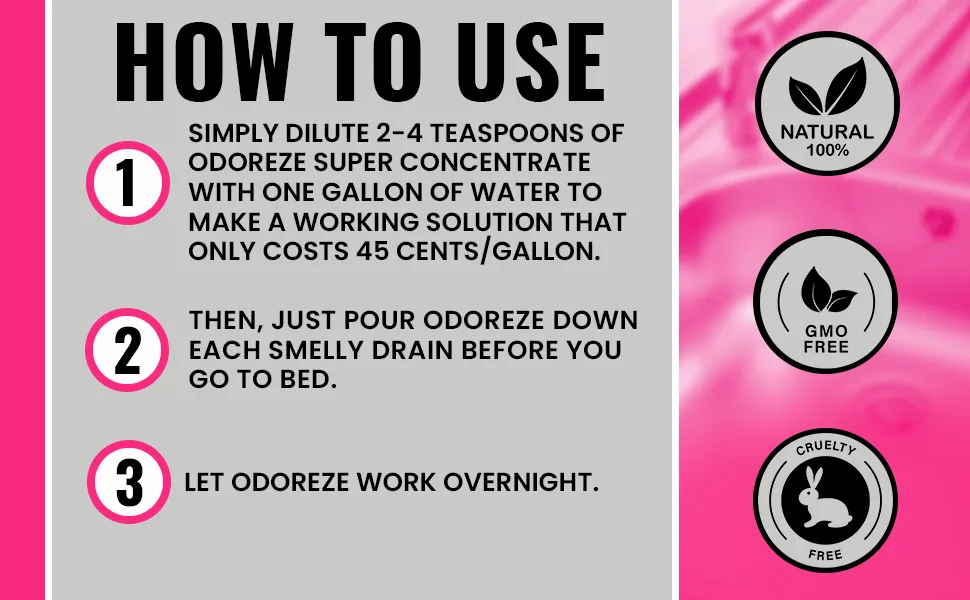 Natural Probiotic Drain Smell Deodorizer: 32 oz. Concentrate Makes 128 Gallons to Clean Drain Odor - no odor ODOREZE Natural Probiotic Drain Smell Deodorizer