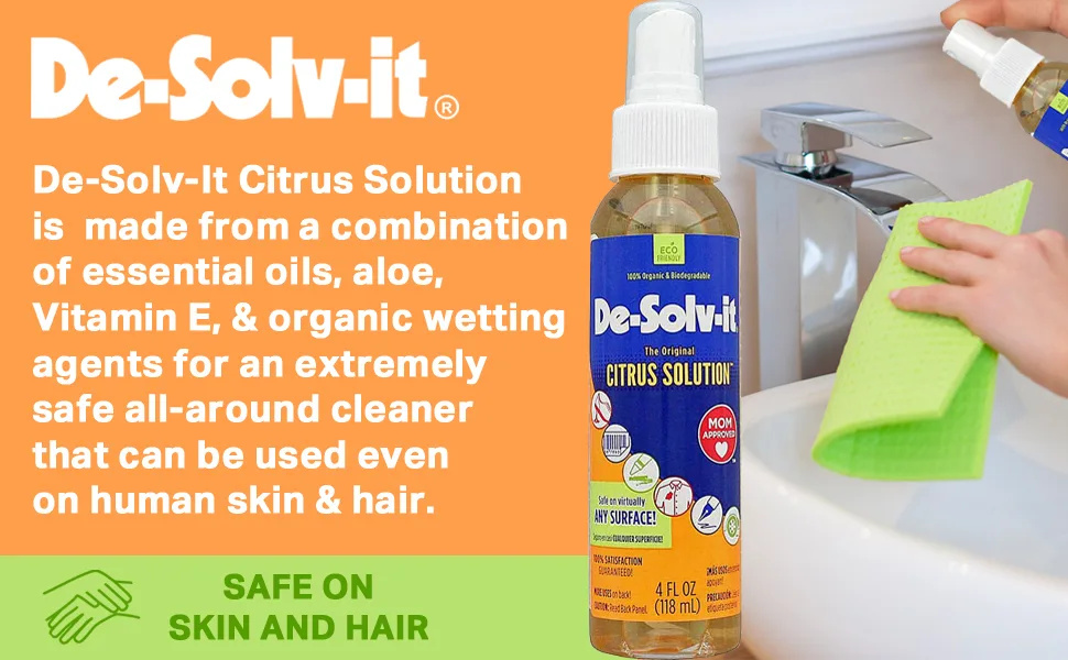 Orange-Sol De-Solv-It Citrus Solution - Odor & Stain Remover for Cloth Wood Glass & More 4-Ounce - De-Solv-It Citrus Solution organic stain remover