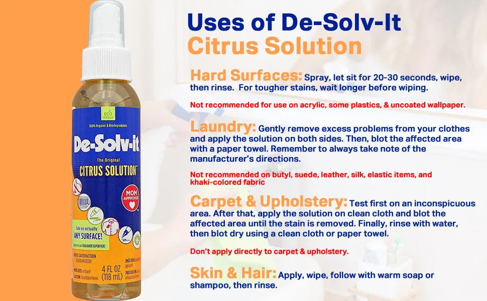 Orange-Sol De-Solv-It Citrus Solution - Odor & Stain Remover for Cloth Wood Glass & More 4-Ounce - De-Solv-It pet stain remover