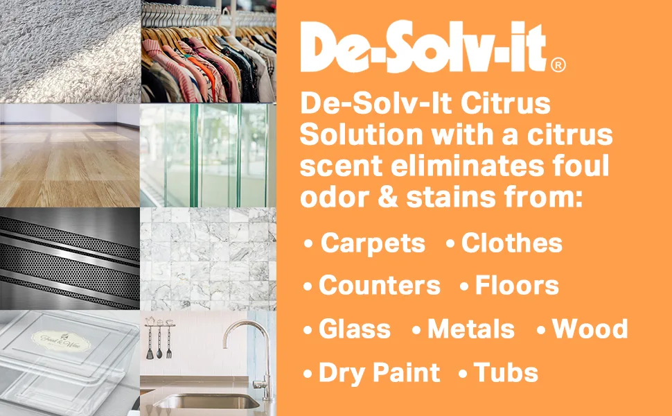 Orange-Sol De-Solv-It Citrus Solution - Odor & Stain Remover for Cloth Wood Glass & More 4-Ounce - De-Solv-It stain remover spray