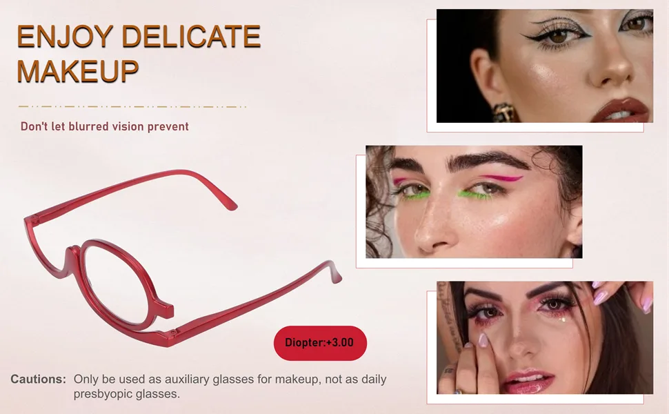 Reading Glasses Women Readers Magnifying Makeup Glasses Flip Over Single Lens Rotating Cosmetic Reading Glass Eyeglasses +3.00 - Magnifying make up eyeglasses