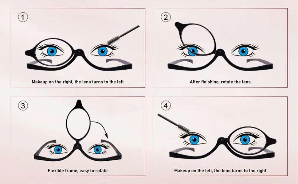 Reading Glasses Women Readers Magnifying Makeup Glasses Flip Over Single Lens Rotating Cosmetic Reading Glass Eyeglasses +3.00 - Single lens magnifying eyeglasses