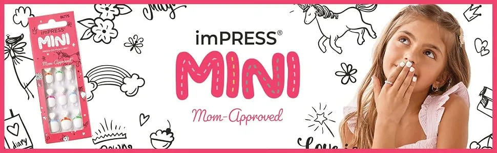 KISS imPRESS No Glue Mani Press-On Nails Design 'Playground' Medium Red Kids Size Squoval Shape Includes 30 Nails Prep Pad Instructions Sheet 1 Manicure Stick 1 Mini File - image
