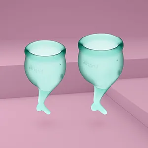 Satisfyer Feel Secure Menstrual Cup - Reusable Period Cup with Removal Stem - Soft Flexible Body-Safe Silicone Easy Insertion & Removal - Includes 2 Cup Sizes for All Flows (Dark Green) - satisfyer feel secure menstrual cup