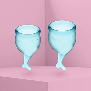 Satisfyer Feel Secure Menstrual Cup - Reusable Period Cup with Removal Stem - Soft Flexible Body-Safe Silicone Easy Insertion & Removal - Includes 2 Cup Sizes for All Flows (Light Blue) - satisfyer feel secure light blue menstrual cup