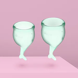 Satisfyer Feel Secure Menstrual Cup - Reusable Period Cup with Removal Stem - Soft Flexible Body-Safe Silicone Easy Insertion & Removal - Includes 2 Cup Sizes for All Flows (Light Green) - satisfyer light green menstrual cup