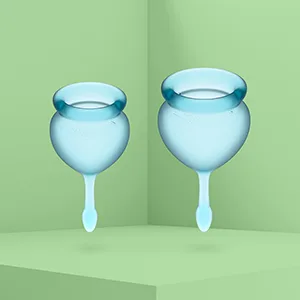Satisfyer Feel Good Menstrual Cup - Reusable Period Cup with Removal Stem - Soft Flexible Body-Safe Silicone Easy Insertion & Removal - Includes 2 Cup Sizes for All Flows (Light Blue) - satisfyer feel good menstrual cups