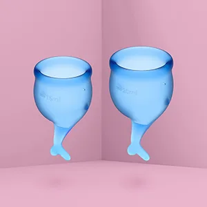 Satisfyer Feel Secure Menstrual Cup - Reusable Period Cup with Removal Stem - Soft Flexible Body-Safe Silicone Easy Insertion & Removal - Includes 2 Cup Sizes for All Flows (Dark Blue) - satisfyer feel secure menstrual cup