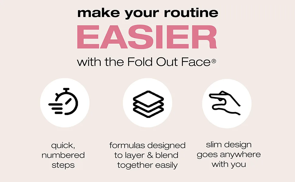 Woosh Beauty Fold Out Face Original Makeup Palette Travel All in One Neutral Cream & Powder (#2 Medium Light) - image that says the fold out face makes your routine easier with quick steps and a slim design