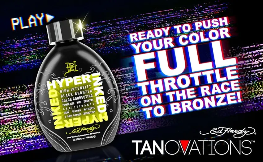 Ed Hardy Tanning Hyper Inked - High Intensity Color Correcting Skin Firming Anti-Aging Black Bronzer Dark Tanning Lotion - Ready to Push Your Color Full Throttle on the Race to Bronze!