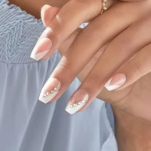 KISS imPRESS No Glue Mani Press-On Nails French 'Ideal' Light Neutral + White Tip French Medium Size Coffin Shape Includes 30 Nails Prep Pad Instructions Sheet 1 Manicure Stick 1 Mini File - image