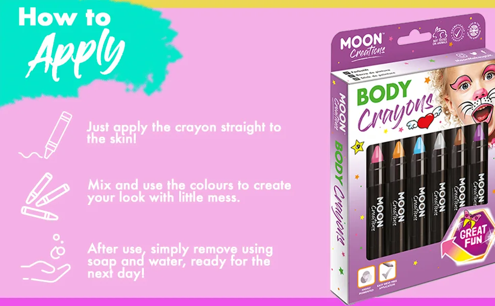 Face Paint Stick / Body Crayon Primary Colours Set of 6 makeup for the Face & Body by Moon Creations - 0.12oz - Moon Creations