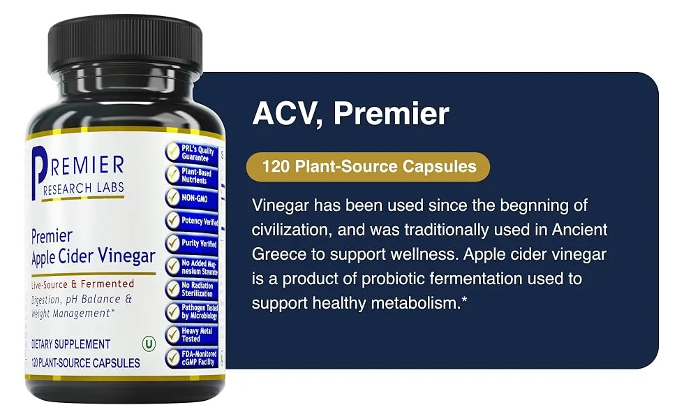 Premier Research Labs ACV - Apple Cider Vinegar Capsules - Supports pH Balance & Alkalinity Support* - Postbiotic Aid - Kosher & Pure Vegan - 120 Plant-Source Capsules - product information 3