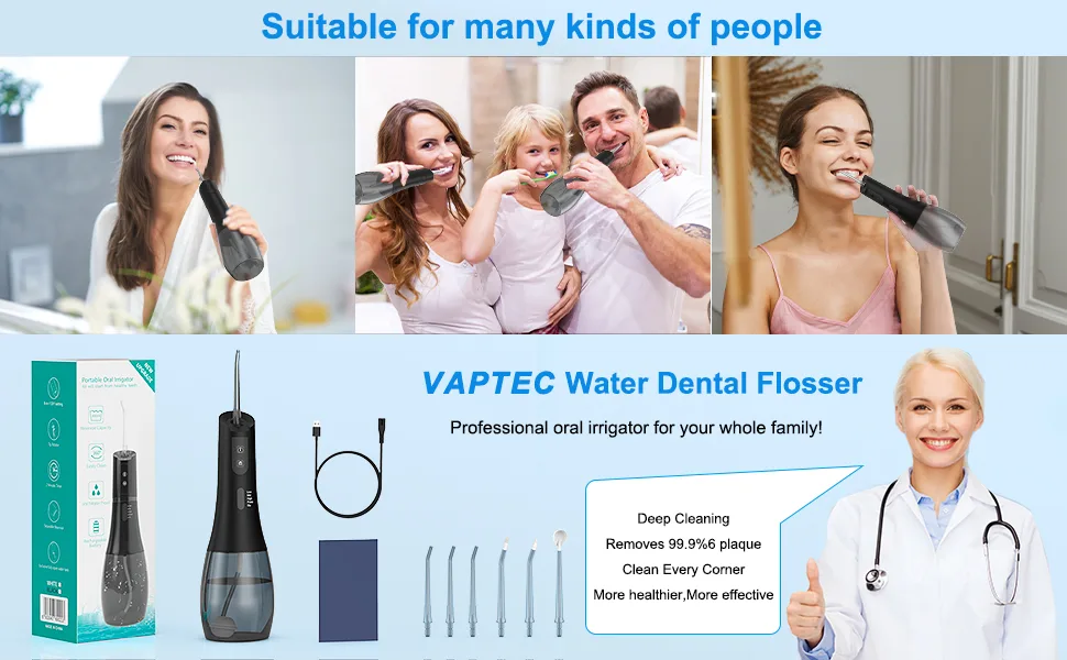 Cleaning flosser Dental 400ml Large Capacity Portable 360 Rotation 5 Cleaning DIY Modes 6 remplaceable Tips flossers for Braces Black - water flosser