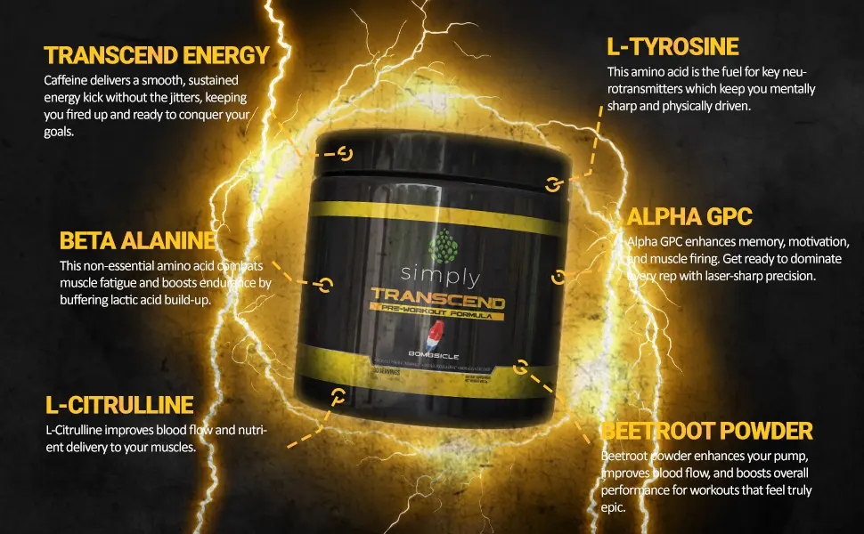simply Transcend Pre-Workout with Creatine Beta-Alanine L-tyrosine and Caffeine for Sustained Energy Focus and Amplified Performance Bombsicle 30 Servings - powder pre workout protein energy weight loss fat men women nutrition supplements