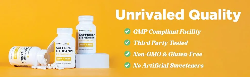 TransformHQ Caffeine & L-Theanine (100mg Each) 180 Caps - Gluten Free Non-GMO - Unrivaled Quality
