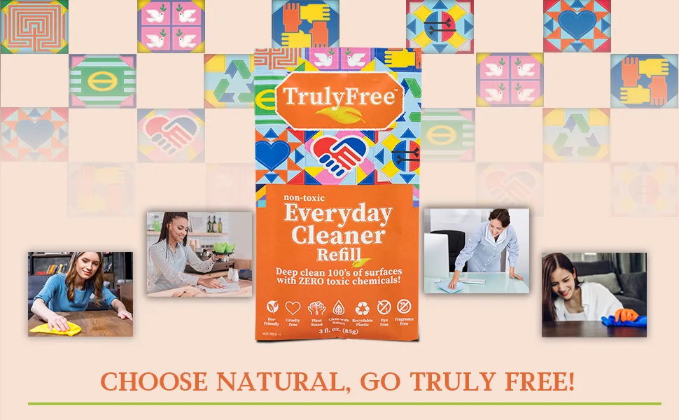 Truly Free Everyday Cleaner - All Purpose Natural Cleaner Spray Household Cleaning Supplies - 16oz Empty Spray Bottle 2 Refills (3 oz Each) Starter Kit - multiusos hogar granite dust clear shower travel family daily furniture cleansing fixtures toilet