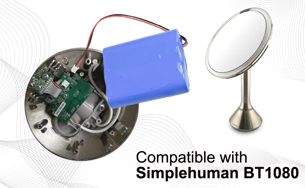 HQRP Battery Compatible with Simplehuman ST3024 ST3026 ST3027 ST3028 BT1080 Sensor Makeup Mirror 3.7V 7200mAh Li-Ion - HQRP Battery