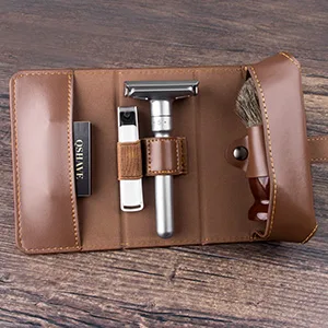 QSHAVE Razor Travel Case, Leather Shaving Protective Case with Compartment for Double Edge Safety Razor, Shaving Brush, blades and Nail Clipper Brown (Case Only) - multifuctional case