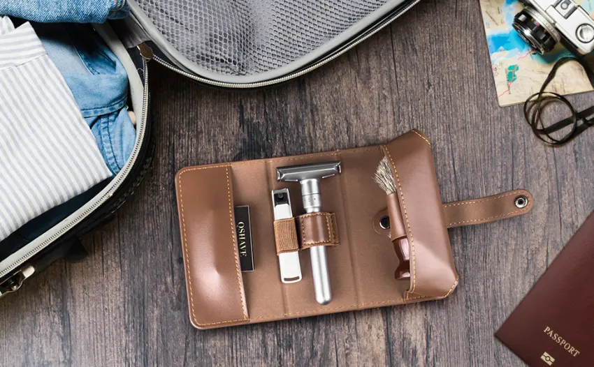 QSHAVE Razor Travel Case, Leather Shaving Protective Case with Compartment for Double Edge Safety Razor, Shaving Brush, blades and Nail Clipper Brown (Case Only) - travel case