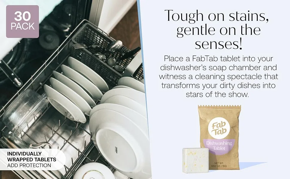 Fabtab Dishwasher Detergent Tablets - Mild Formulation Plant-Based for Guaranteed Freshness Scentless- Plastic -Free. Removes Coffee and Tea Stains - No Residue- 30 Tablets - Tough on stains, gentle on the senses