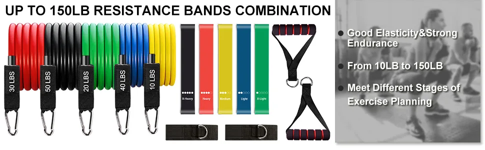Resistance Bands Set Workout Bands with 5 Stackable Exercise Bands 5 Resistance Loop Bands 2 Core Sliders Door Anchor Ankle Straps Jump Rope Hand Grip Strengthener - workout bands