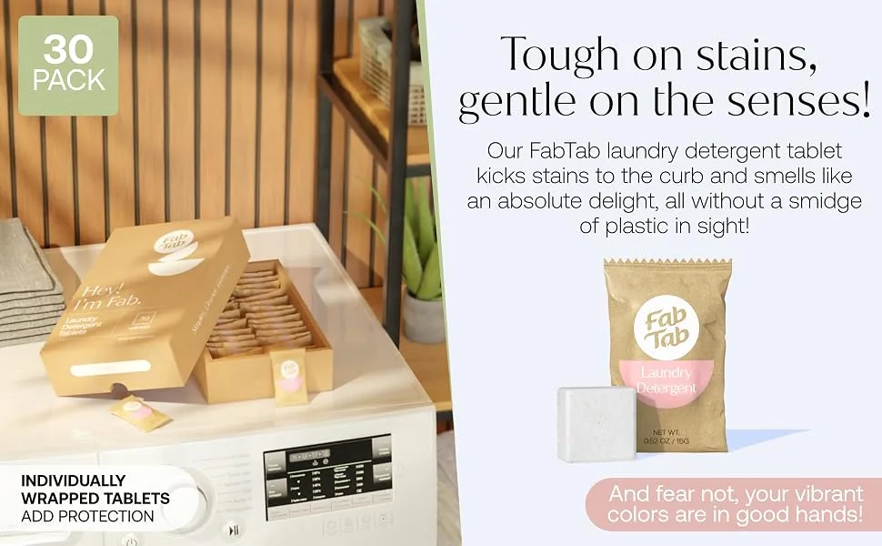 Plastic - Free Laundry Detergent Tablets - Gentle Laundry Tablets - Natural Cleaning Products - Plant-Based - No Harsh Chemicals - Removes Stains - Fresh Laundry Scent -30 Tablets - Laundry - Tough on stains gentle on the senses