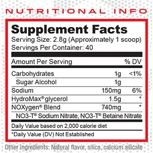 Purus Labs NOXygen Powder Pre-Workout Accelerator | Nitric Oxide Booster & Oxygen Amplifier | Hydromax Glycerol & NO3-T Nitrates | 40 Servings (Unflavored) 1 - Noxygen Nutritional Facts