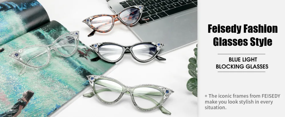 FEISEDY Diamond Blue Light Blocking Glasses Cat Eye Rhinestone Women Glasses Frame Anti Eyestrain Computer Eyewear B0070 Green 50 Millimeters - product information 1