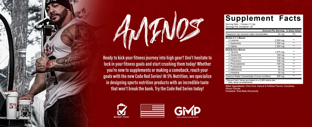 5% Nutrition Code Red Aminos BCAA & EAA Post Workout Recovery Powder | Full Spectrum Essential Amino Acid Complex for Men & Women (Italian Lemon Ice) - Aminos-SFP