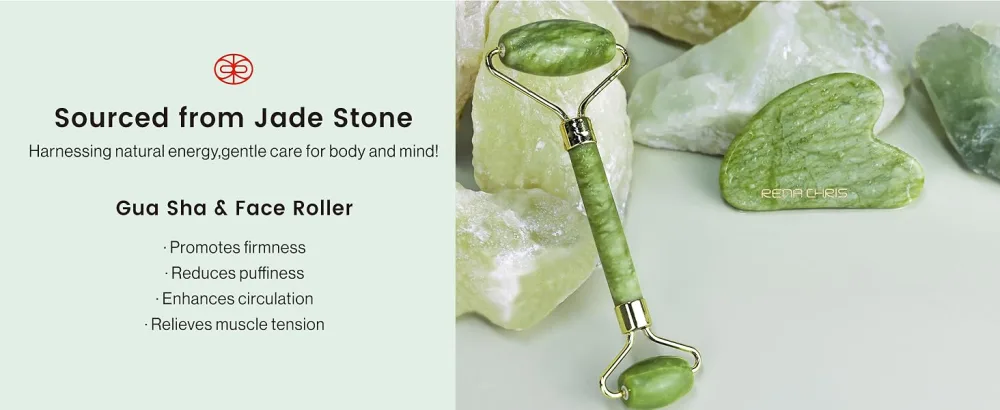 Rena Chris Gua Sha Facial Tool & Face Roller Set Massage Spa Basket Set Face Massager Tools Suitable for Skin Care Daily Routine Puffiness Body Massage - jade roller