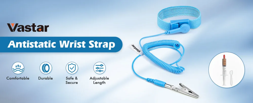 VASTAR ESD Anti-Static Wrist Strap Components Wristband Grounding Bracelet Adjustable Wrist Strap with Grounding Wire Alligator Clip Extendable Long Cord with Thermal Paste Pale Blue - Wrist Strap