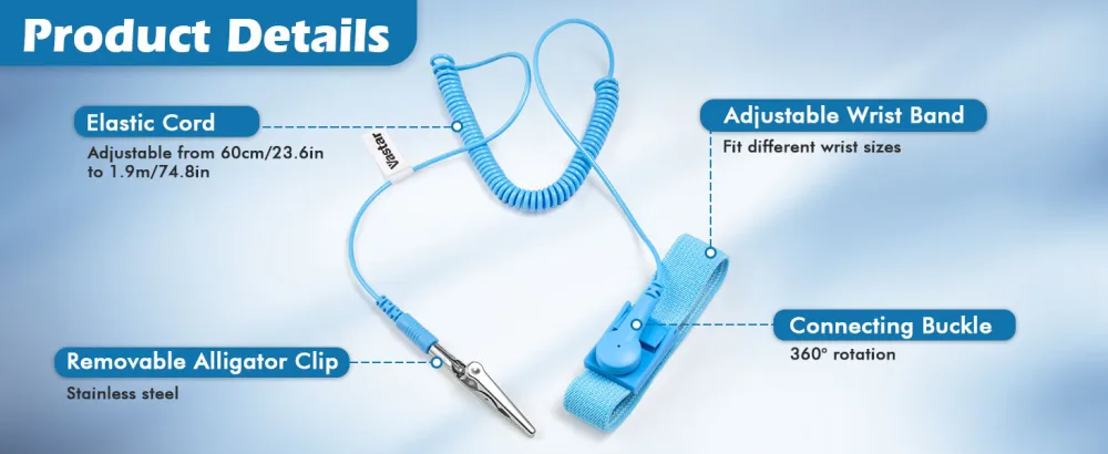 VASTAR ESD Anti-Static Wrist Strap Components Wristband Grounding Bracelet Adjustable Wrist Strap with Grounding Wire Alligator Clip Extendable Long Cord with Thermal Paste Pale Blue - Wrist Strap