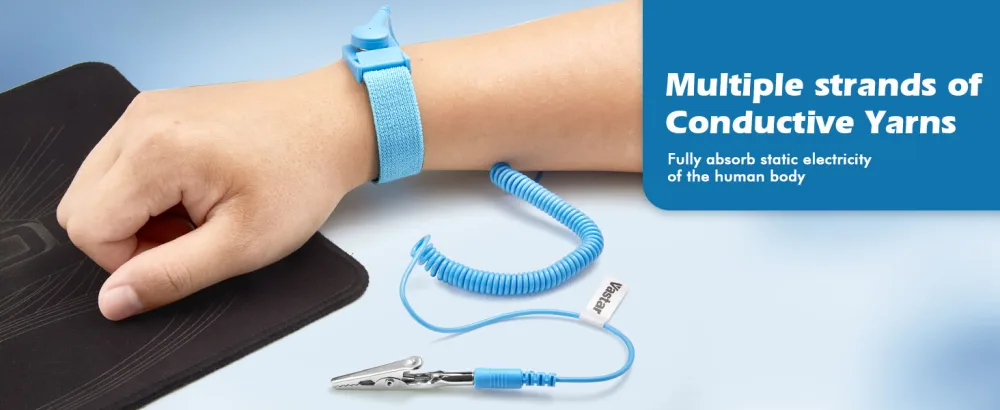 VASTAR ESD Anti-Static Wrist Strap Components Wristband Grounding Bracelet Adjustable Wrist Strap with Grounding Wire Alligator Clip Extendable Long Cord with Thermal Paste Pale Blue - Wrist Strap
