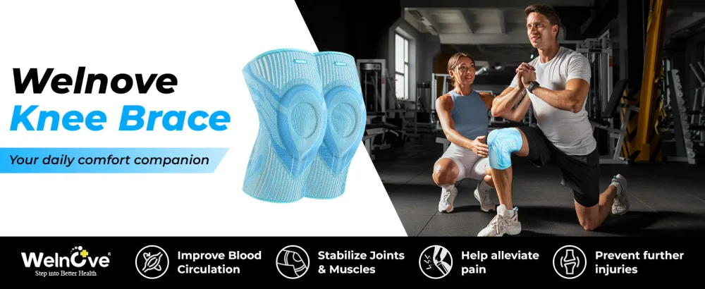 Welnove Knee Brace Sleeves - Compression Knee Support with Side Stabilizers & Patella Gel Pad for Workout Joint Pain Runner Climbing - (Blue L) Blue Large - Knee Brace