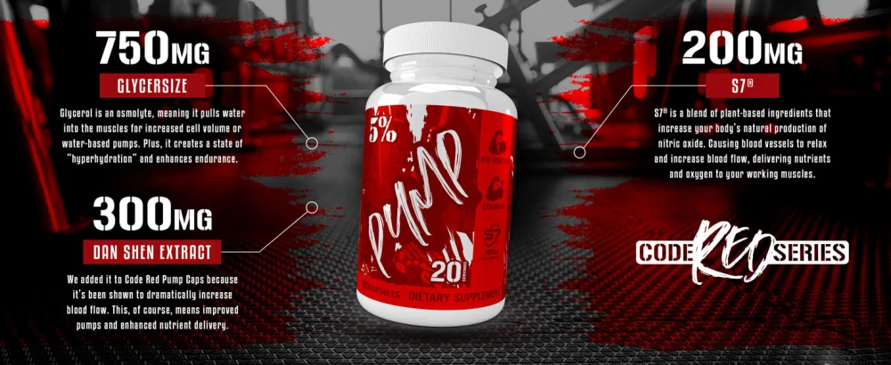 5% Nutrition Code Red Pump Caps | Nitric Oxide Booster Capsules | Low Stim Pre Workout Supplement | Patented Glycersize Dan Shen S7 (100 Capsules) - Blends