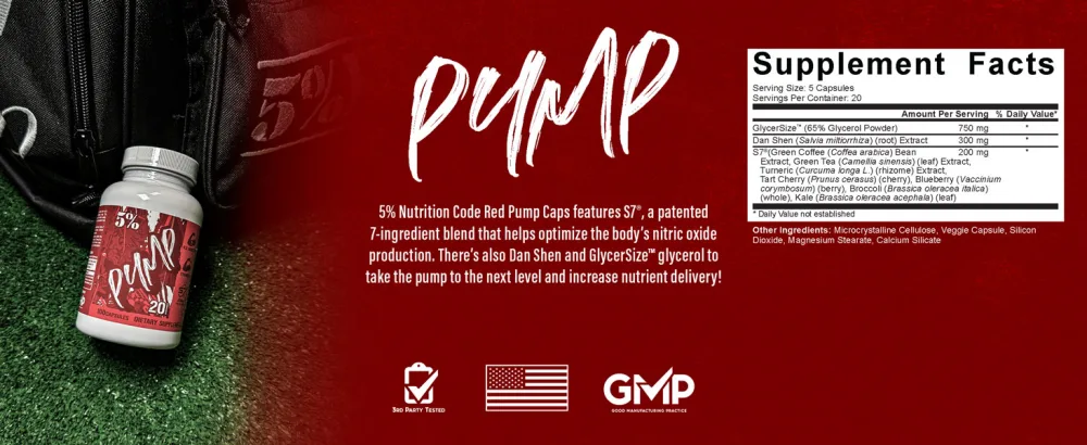 5% Nutrition Code Red Pump Caps | Nitric Oxide Booster Capsules | Low Stim Pre Workout Supplement | Patented Glycersize Dan Shen S7 (100 Capsules) - product information 4