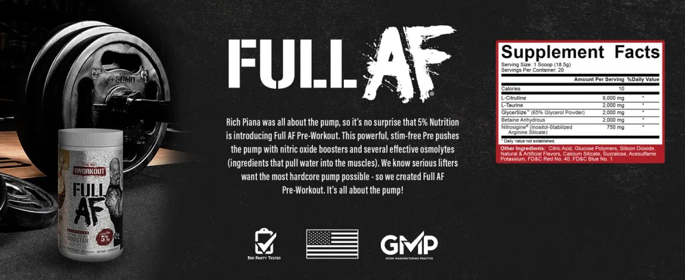 5% Nutrition Full AF Pre-Workout | Stim-Free with Massive Pumps | L-Citrulline L-Taurine Nitrosigine GlycerSize |13.4oz (Beach Blast) - Full AF-SFP
