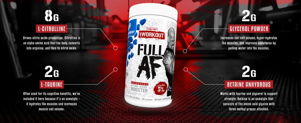 5% Nutrition Full AF Pre-Workout | Stim-Free with Massive Pumps | L-Citrulline L-Taurine Nitrosigine GlycerSize |13.4oz (Beach Blast) - product-blends