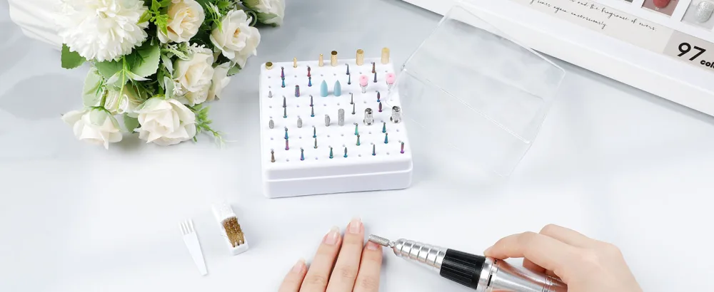 Nail Drill Bits Holder & Nail Drill Bits Cleaning Brush 100 Holes Nail Bit Holder Dustproof Nail Art Drill Bits Display Storage Box Nail Drill Bit Holder for Nail Tech (White) - 100 HOLES Nail Drill Bits Holder