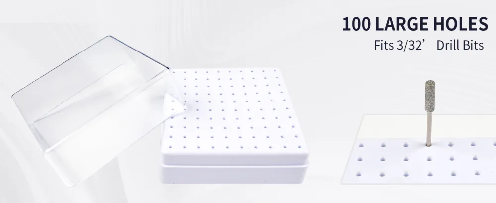 Nail Drill Bits Holder & Nail Drill Bits Cleaning Brush 100 Holes Nail Bit Holder Dustproof Nail Art Drill Bits Display Storage Box Nail Drill Bit Holder for Nail Tech (White) - 100 LARGE HOLES Fits 3/32’ ’Drill Bits